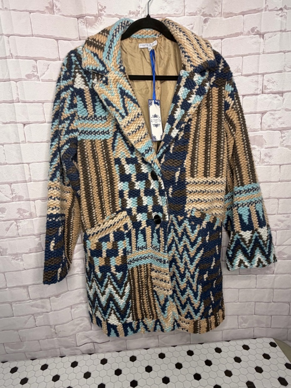 Tempo Paris Chunky Knit Patchwork Coat Neutral Blue Boho Aztec Jacket Sz Med/Lg